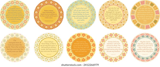 Set of various bible verses in English decorated with folk round frame. Isolated vector elements. Use for holidays, events, decorations; printable, wall art decor