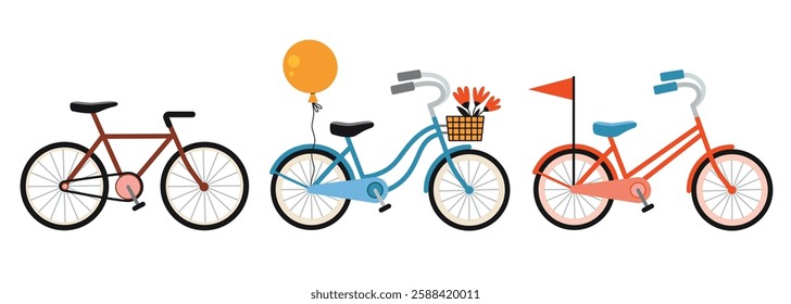 Set with various bicycles. Classic road bike, vintage cruiser with a basket and cute kids bike with a flag. Eco friendly transport concept. Modern isolated vector illustration, hand drawn, flat design
