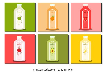 Set of various big juice bottle. Apple, Avocado, Banana, Coconut, Orange, Watermelon. Juice Bottle Collection. Flat design. Vector Illustration.