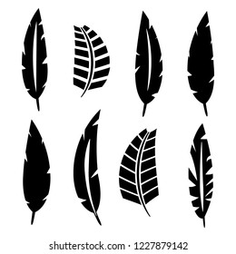 Set of various bird feathers. Black silhouettes on a white background, vector illustration.