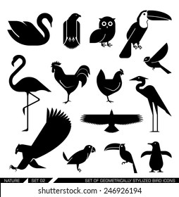 Set of various bird icons: swan, owl, eagle, rooster, flamingo, penguin, pelican, hen. Vector illustration.