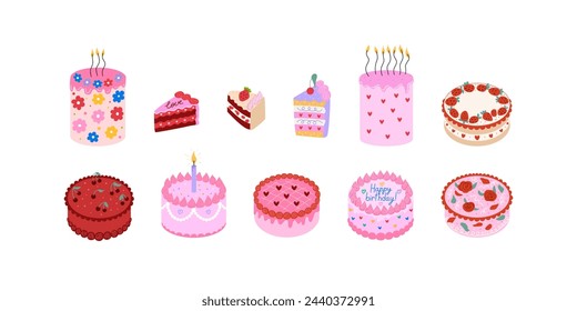 Set of various birthday cakes with candles and slices of cakes. Holiday greeting bento cakes. Vector flat illustration on isolated background