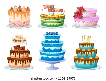 Set of various birthday cakes in cartoon style