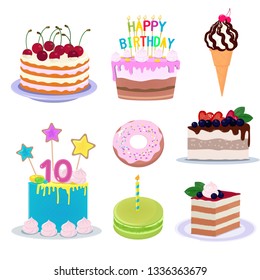 Set of various birthday cakes, pies, ice creams and donuts. Cute bright vector sweets.