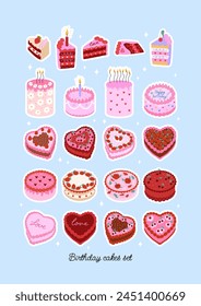 Set of various birthday cakes. Vector flat illustration sticker pack. Cliparts for holidays and greetings