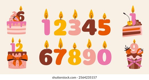 Set with Various Birthdays burning candles in the form of numbers and celebration cake, cupcakes with them. Trendy modern vector illustration isolated on background, hand drawn, flat design