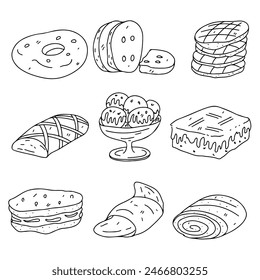 Juego de varias galletas. Dibujado a mano estilo garabato. Ilustración vectorial aislada en blanco. Dibujo para colorear.