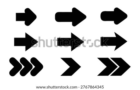 Set of various black arrow icons with different shapes, directional arrow design in bold style, vector eps illustration element. 