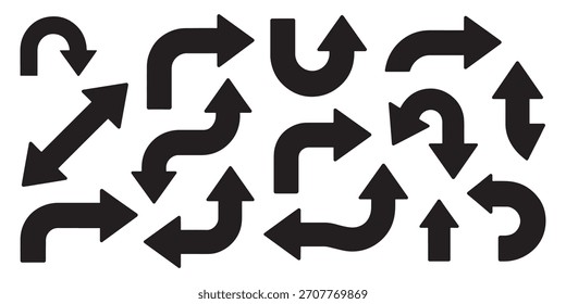 Conjunto de varias Formas de flecha negra y direcciones. Ilustración vectorial de punteros para navegación, Elementos de diseño y orientación.