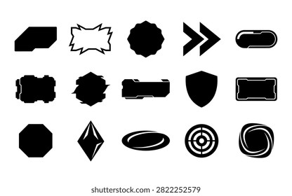 A set of various black badge and label silhouettes, presented as graphic design elements with a distinctive silhouette style, isolated on a white background.