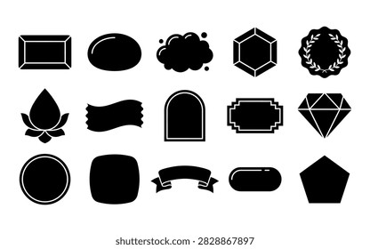 A set of various black badge silhouettes, presented in different geometric and decorative shapes, ideal for branding and design applications.