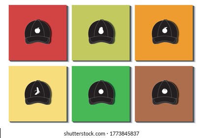 Set of various black baseball caps. Different fruit icon, pattern. Apple, Avocado, Banana, Coconut, Orange, Watermelon. Baseball Caps Collection. Flat design. Vector Illustration.