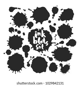Set of various black blots. Hand made inky artwork. Isolated on white background. Clipping paths included.  