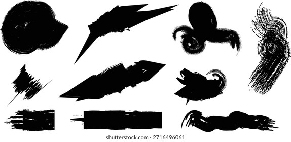 Eine Reihe von verschiedenen schwarzen Pinselstrichen, Schmutzspritzer und Markierungen auf einem sauberen weißen Hintergrund, die verschiedene Texturen und Techniken zeigen.