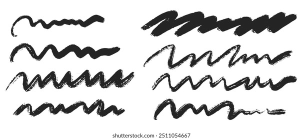 A set of various black brushstroke and scribble lines on a white background, displaying different textures and thicknesses.