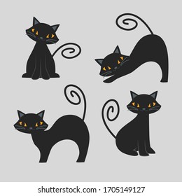 Set of various black cat silhouettes.