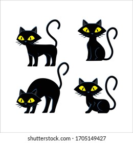 Set of various black cat silhouettes.