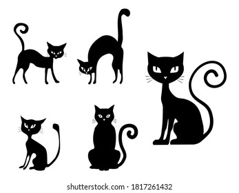 Set of various black cat silhouettes. Sitting cat. Halloween designs. vector illustration