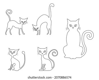 Set of various black cat silhouettes. Sitting cat. Halloween designs. vector illustration