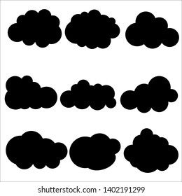Set of various black clouds on white background. Silhouette flat clouds. Vector illustration. 