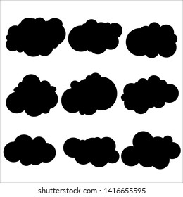 Set of various black clouds on white background. Silhouette flat clouds. Vector illustration. 