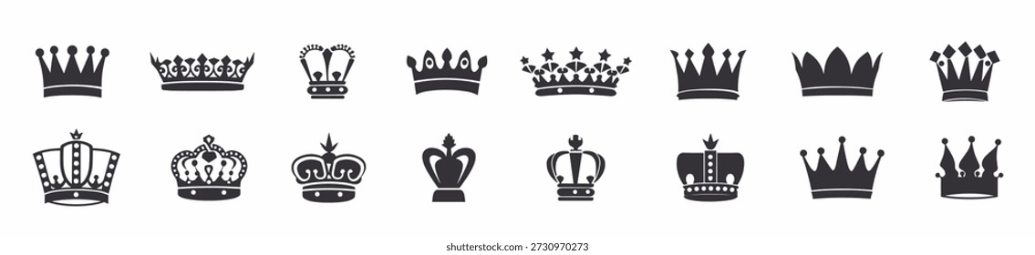 Satz verschiedener schwarzer Kronensymbole auf weißem Hintergrund