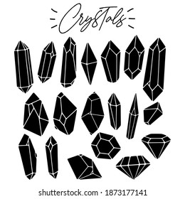 Set of various black crystals, diamonds, gemstones, minerals, rhinestones, birthstones. Silhouette. Abstract, spiritual, witchy, boho collection. Polygonal shapes. Vector flat geometric style. 