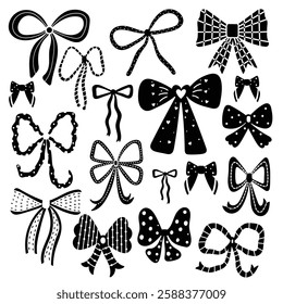 Set with various black cute bow knots, gift ribbons on a transparent background. Hand drawn vector illustration. Can be used in textile industry, paper, background, scrapbooking.