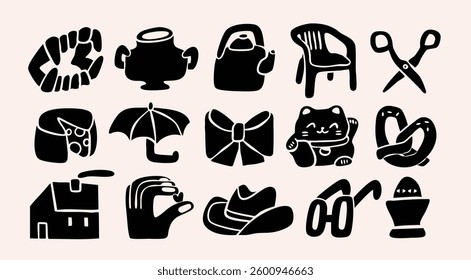 Set of Various black Doodle icons. Different elements. Teeth, pot, chair, scissors, cheese, maneki, pretzel, hat, umbrella, egg etc. Hand drawn trendy Vector illustration. All elements are isolated