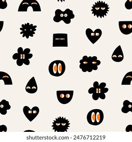 Set of Various black Doodle shapes with face emotions. Different figures. Hand drawn trendy Vector illustration for kids. Cute funny characters. Square seamless Pattern, background, wallpaper