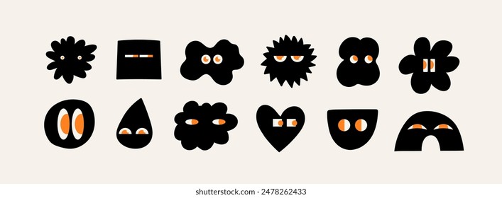 Set of Various black Doodle shapes with face emotions. Different figures with eyes. Hand drawn trendy Vector illustration for kids. Cute funny characters. All elements are isolated