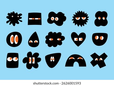 Set of Various black Doodle shapes with face emotions in cartoon style. Different geometric figures. Hand drawn trendy Vector illustration for kids. Cute funny characters, all elements are isolated.