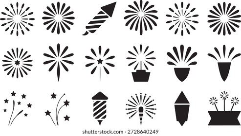 Conjunto de varios iconos de fuegos artificiales negros que se muestran sobre un fondo blanco para simbolizar la celebración y las ocasiones festivas.