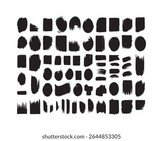 A set of various black grunge brush strokes and shapes. These textures are isolated on a white background and are great for design elements.