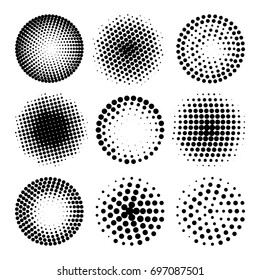 Set of various black halftone circles isolated on white background. Vector illustration for your graphic design.