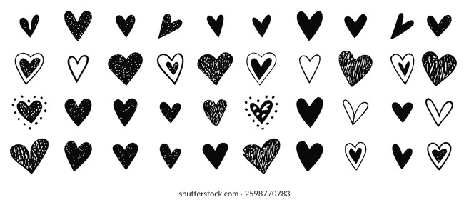 set of various black heart illustrations, featuring hand-drawn heart symbols. Perfect for vector icons, romantic designs, and decorative elements. EPS 10 format included.