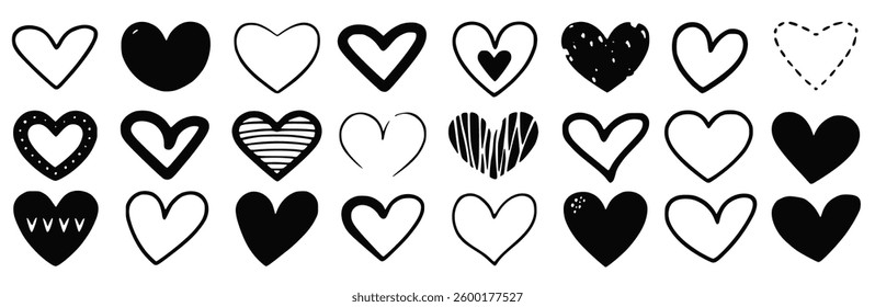 set of various black heart illustrations, featuring hand-drawn heart symbols. Perfect for vector icons, romantic designs, and decorative elements. EPS 10 format included.