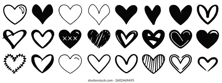 set of various black heart illustrations, featuring hand-drawn heart symbols. Perfect for vector icons, romantic designs, and decorative elements. EPS 10 format included.