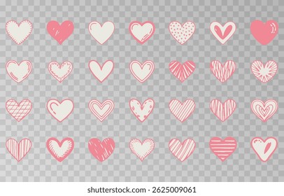 Set of various black heart illustrations png. Hand-drawn vector icons and symbols on isolated transparent background.