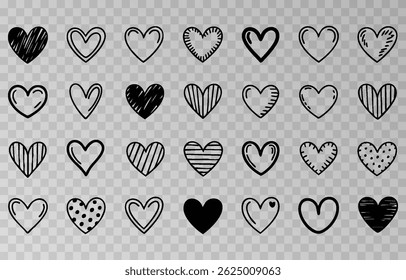 Set of various black heart illustrations png. Hand-drawn vector icons and symbols on isolated transparent background.