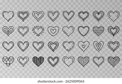 Set of various black heart illustrations png. Hand-drawn vector icons and symbols on isolated transparent background.