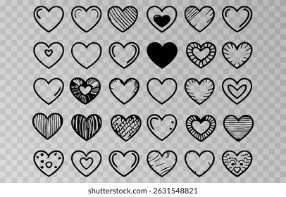 Set von verschiedenen schwarzen Herz Illustrationen png. Handgezeichnete Vektorsymbole und -symbole auf einzeln transparentem Hintergrund.