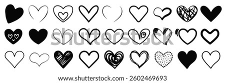 set of various black heart illustrations, featuring hand-drawn heart symbols. Perfect for vector icons, romantic designs, and decorative elements. EPS 10 format included.