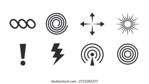 Un conjunto de varios iconos negros que incluyen espirales, flechas, rayos y signos de exclamación presentados en blanco.
