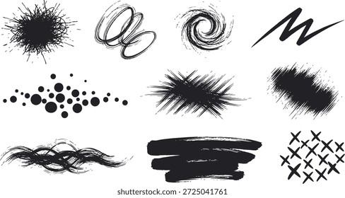 A set of various black ink brush strokes and splatters, including dots, swirls, and abstract shapes, on a plain white background