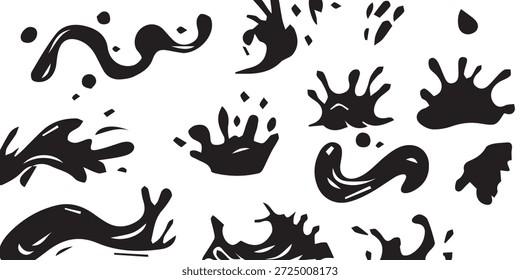 Un conjunto de varias salpicaduras de tinta negra, gotas y Formas fluidas esparcidas sobre un fondo blanco.