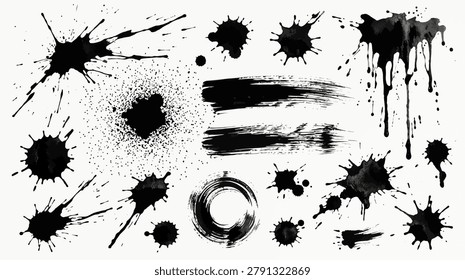 A set of various black ink splatters, artistic paint brush strokes, and grunge marks on a white background