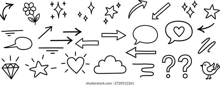 Eine Reihe von verschiedenen schwarzen Linien Kunstsymbole und Symbole auf weißem Hintergrund, einschließlich Pfeile, Sterne, Herzen und Sprechblasen.