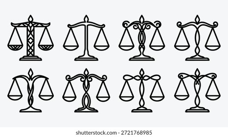 Conjunto de varias escalas de arte de línea negra de ilustraciones de justicia