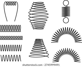 Set of various black line art spiral and helical springs in different shapes like tension, compression, and Slinky forms on a white background.